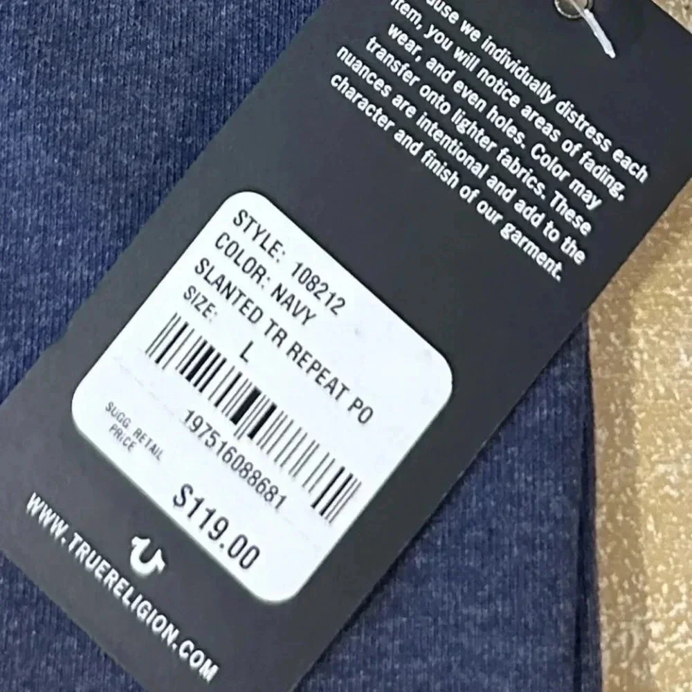 NWT True Religion Navy Blue Pullover Hoodie. Print On Back‎ Horseshoe Logo Front